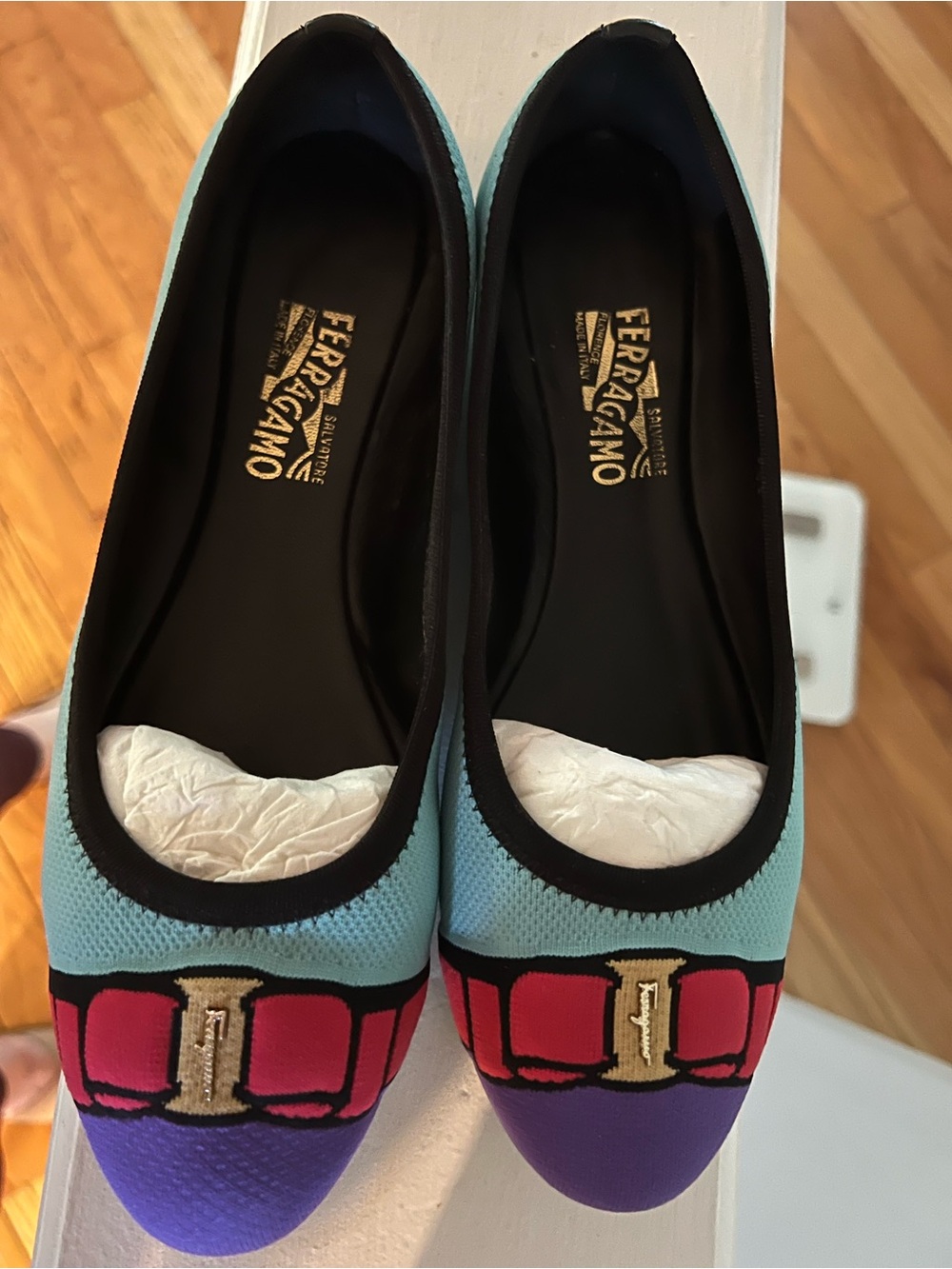 Salvatore Ferragamo Light Blue and Purple Ballet Flats with Red Bow - Picture 5 of 12